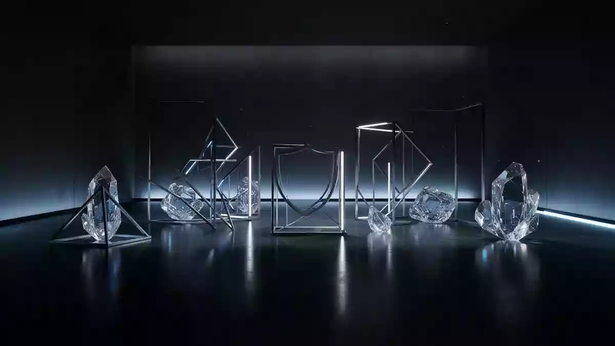 Abstrakte Darstellung digitaler Sicherheit durch geometrische, metallische Formen in einem minimalistischen Raum. Illustration mit AI erstellt.