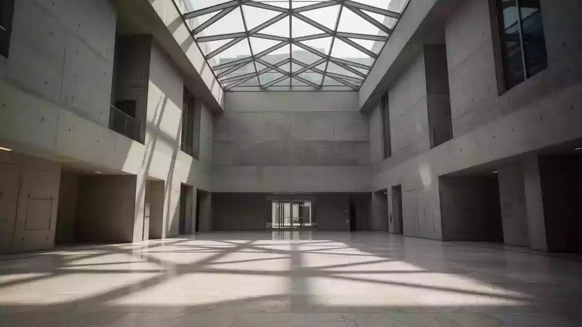 Ein minimalistisches, modernes Regierungsgebäude mit hohen Betonwänden und geometrischen Glasdecken bei natürlichem Tageslicht. Illustration mit AI erstellt.