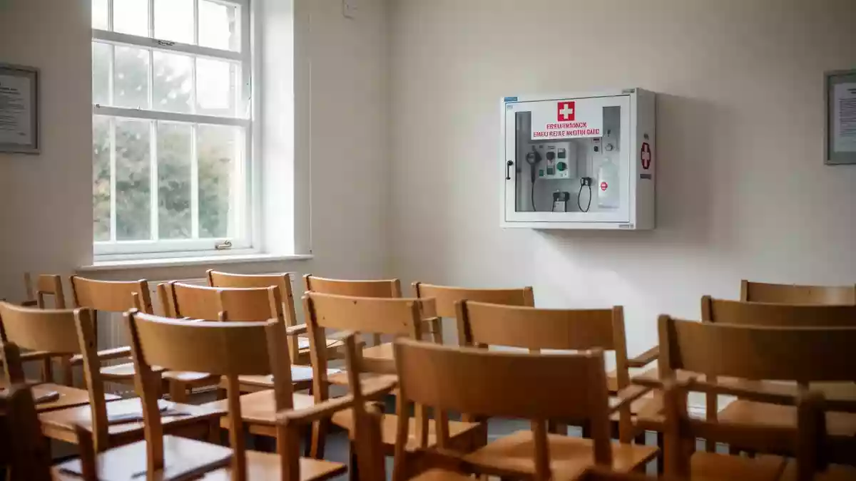 Ein heller Schulungsraum in einem Dorfgemeinschaftshaus mit einem an der Wand montierten Defibrillatorschrank. Illustration mit AI erstellt.