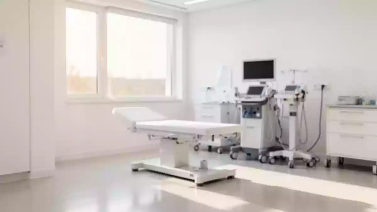 Ein heller, moderner klinischer Untersuchungsraum mit sanftem Tageslicht und minimalistischer Einrichtung. Illustration mit AI erstellt.