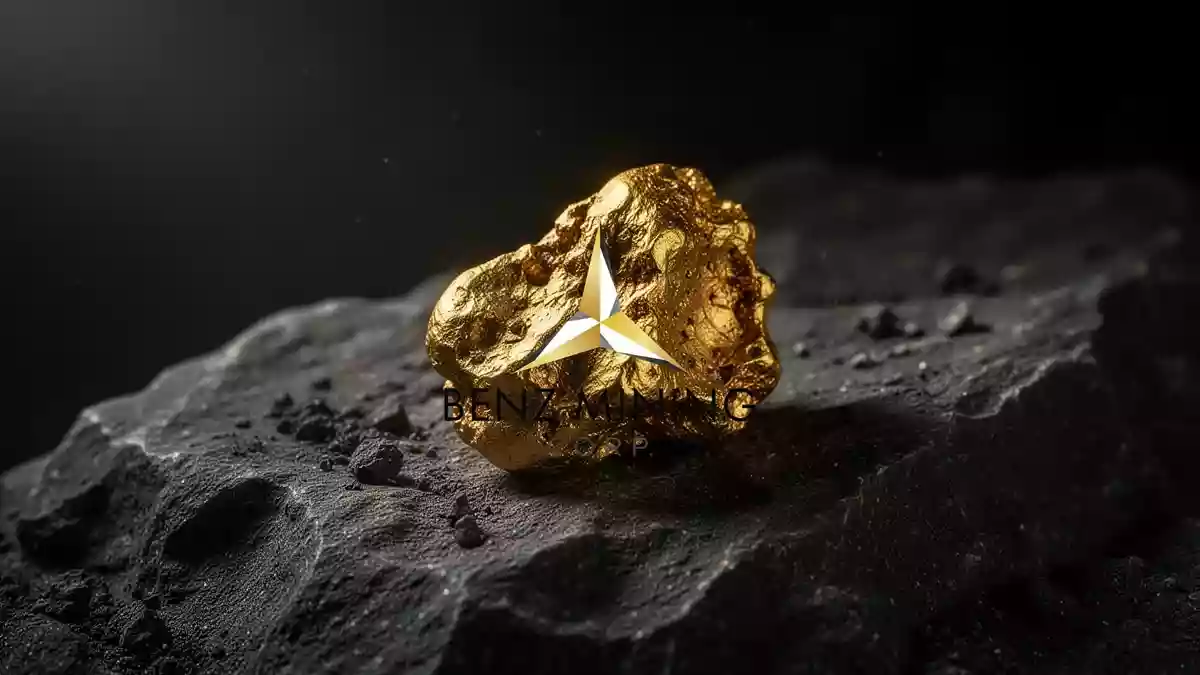 Ein ungeschliffener Goldnugget auf einem dunklen, geologischen Gesteinsuntergrund in stimmungsvoller Beleuchtung. Illustration mit AI erstellt.