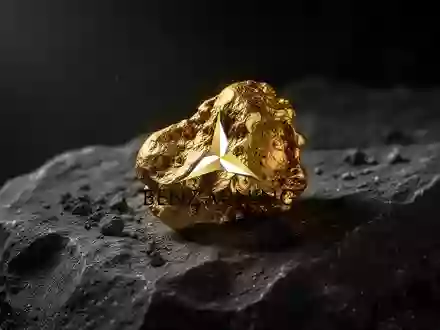 Ein ungeschliffener Goldnugget auf einem dunklen, geologischen Gesteinsuntergrund in stimmungsvoller Beleuchtung. - Foto: über boerse-global.de