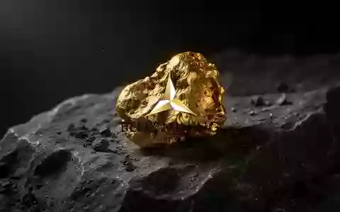Ein ungeschliffener Goldnugget auf einem dunklen, geologischen Gesteinsuntergrund in stimmungsvoller Beleuchtung. - Foto: über boerse-global.de