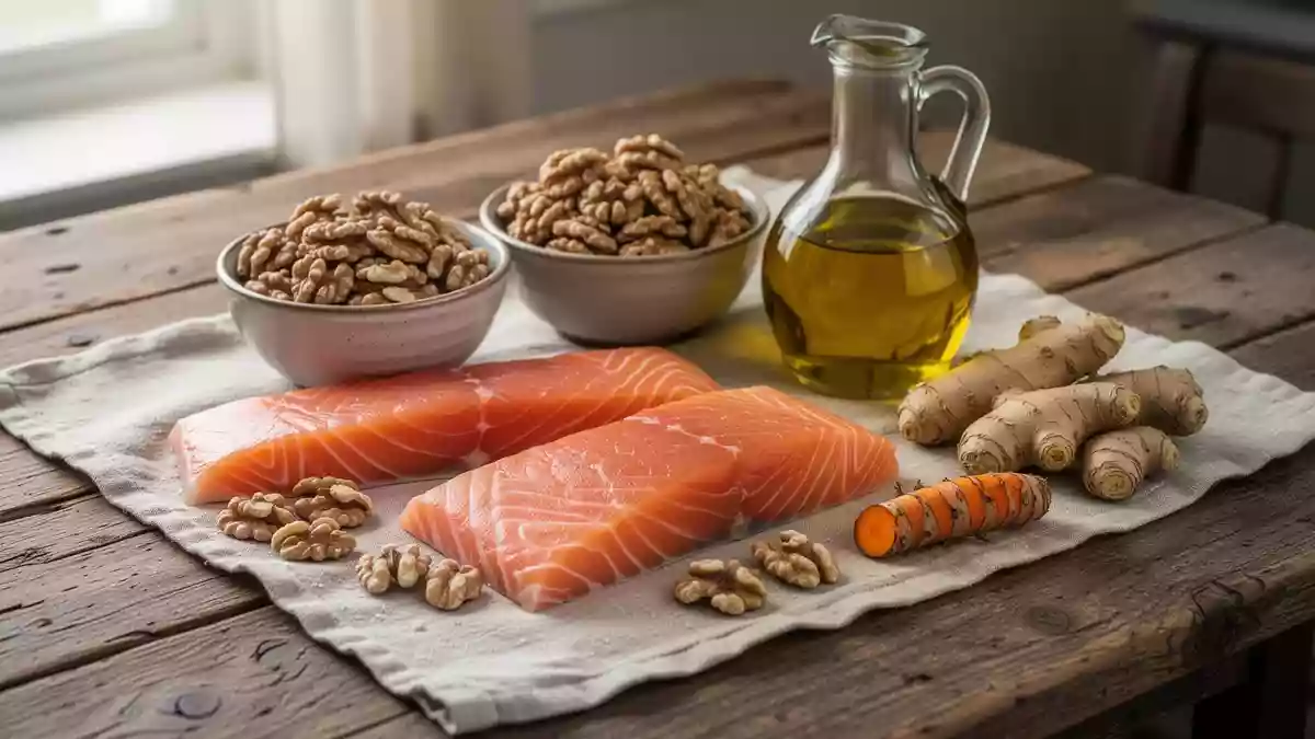 Frische Lebensmittel wie Lachs, Walnüsse, Olivenöl, Ingwer und Kurkuma auf einem Holztisch. Illustration mit AI erstellt.