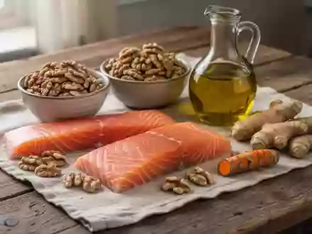 Frische Lebensmittel wie Lachs, Walnüsse, Olivenöl, Ingwer und Kurkuma auf einem Holztisch. - Foto: über boerse-global.de