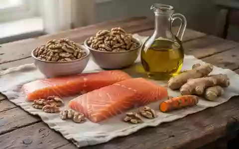 Frische Lebensmittel wie Lachs, Walnüsse, Olivenöl, Ingwer und Kurkuma auf einem Holztisch. - Foto: über boerse-global.de