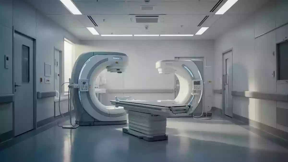 Ein minimalistischer, leerer Behandlungsraum in einer Klinik mit kühlem, natürlichem Licht und klaren architektonischen Linien. Illustration mit AI erstellt.