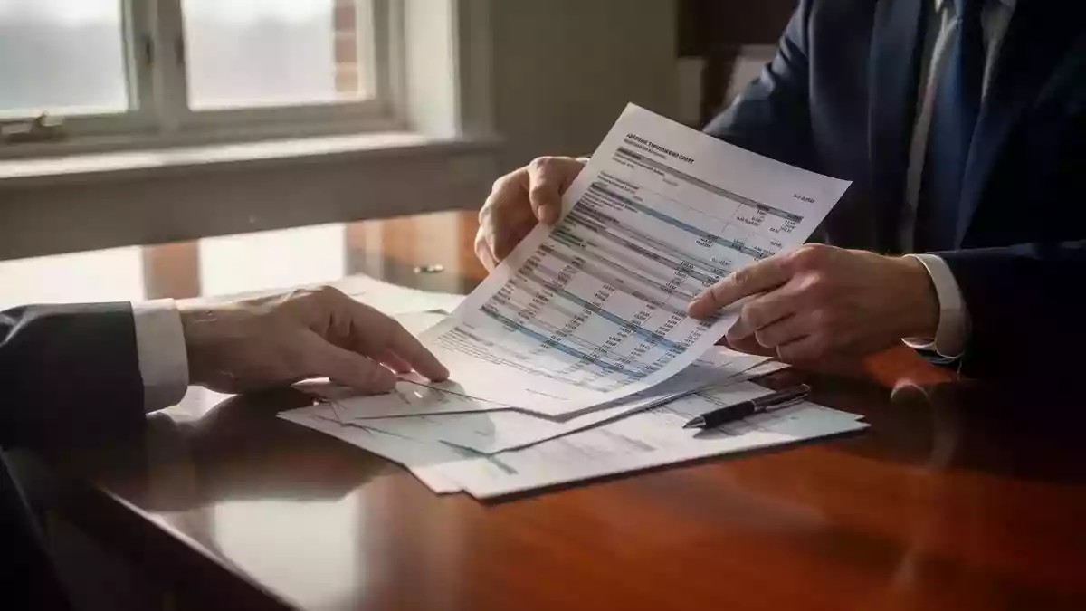 Hände beim Prüfen von Finanzdokumenten an einem Schreibtisch in einem professionellen Büro. Illustration mit AI erstellt.