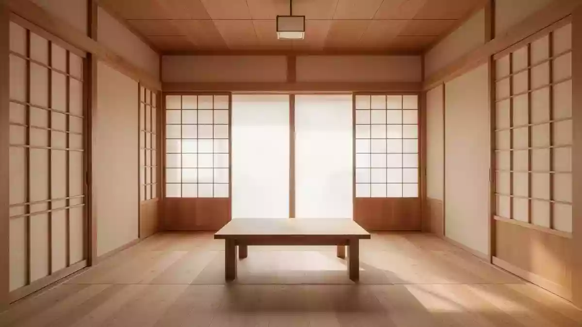 Ein minimalistischer, lichtdurchfluteter Raum im japanischen Stil mit Holzboden und Shoji-Trennwänden. Illustration mit AI erstellt.