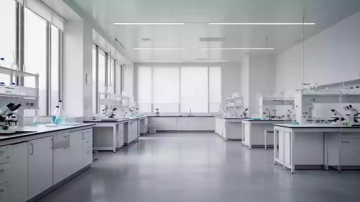 Ein minimalistisches, leeres Forschungslabor mit hellen, sterilen Oberflächen und neutralem Lichteinfall. Illustration mit AI erstellt.