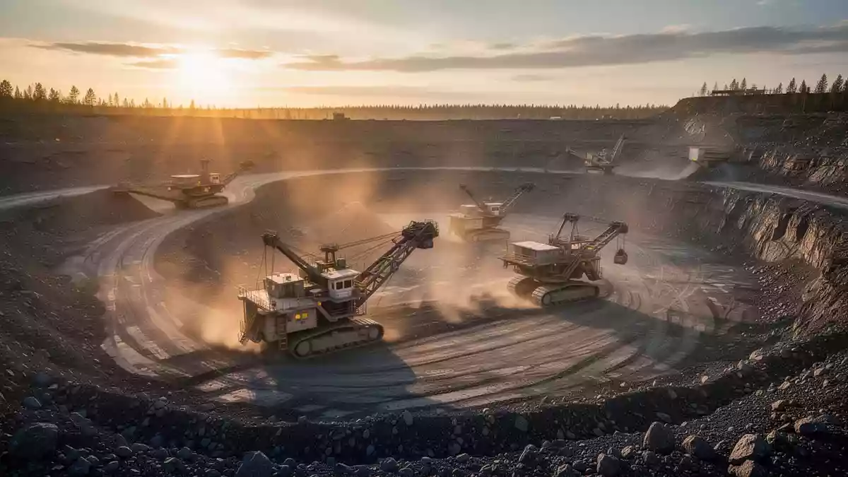 Große Bergbaumaschinen in einem Tagebau bei Sonnenuntergang. Illustration mit AI erstellt.