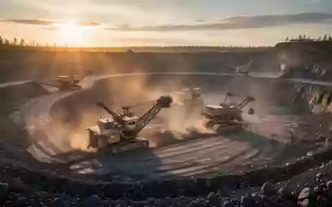 Große Bergbaumaschinen in einem Tagebau bei Sonnenuntergang. - Foto: über boerse-global.de