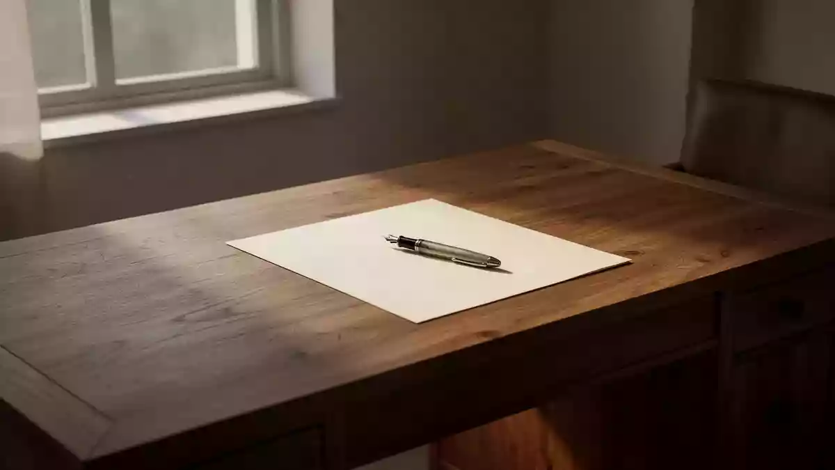 Ein minimalistischer Schreibtisch mit einem Füllfederhalter auf einem leeren Blatt Papier in natürlichem Licht. Illustration mit AI erstellt.