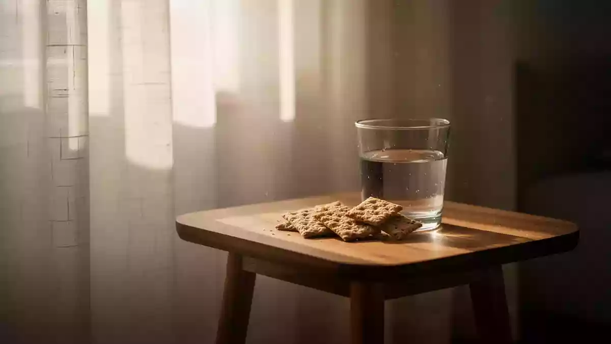 Ein Glas Wasser und Vollkornkekse auf einem Holztisch in einem hellen, sonnendurchfluteten Raum. Illustration mit AI erstellt.