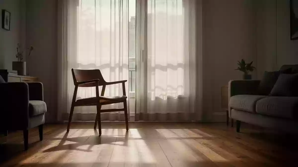 Ein leerer Holzstuhl in einem sonnendurchfluteten, ruhigen Wohnzimmer mit langen Schatten auf dem Boden. Illustration mit AI erstellt.