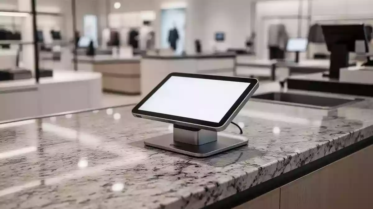 Ein unbesetzter Bezahlterminal auf einem glatten Ladentisch in einem Geschäft für Unterhaltungselektronik. Illustration mit AI erstellt.