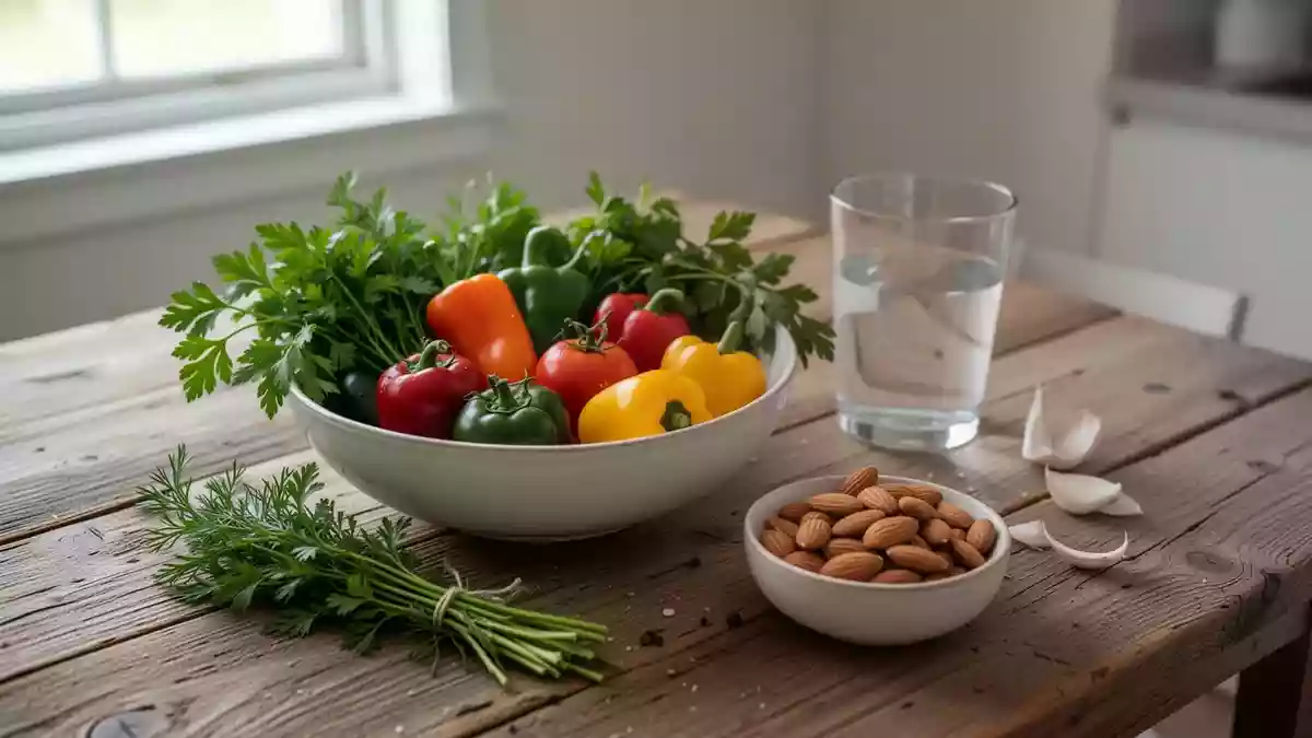 Frische mediterrane Lebensmittel wie Gemüse, Kräuter und Nüsse auf einem Holztisch bei natürlichem Tageslicht. Illustration mit AI erstellt.