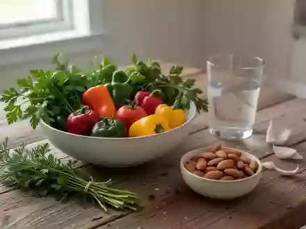 Frische mediterrane Lebensmittel wie Gemüse, Kräuter und Nüsse auf einem Holztisch bei natürlichem Tageslicht. - Foto: über boerse-global.de
