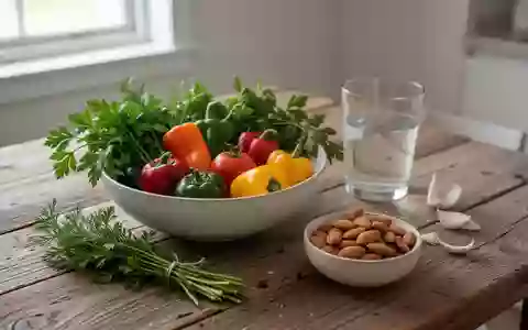 Frische mediterrane Lebensmittel wie Gemüse, Kräuter und Nüsse auf einem Holztisch bei natürlichem Tageslicht. - Foto: über boerse-global.de