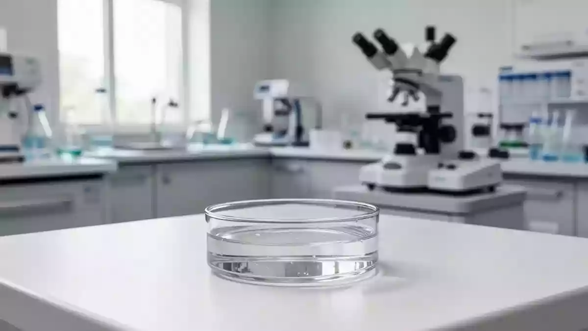 Ein steriler Labortisch mit einer Glasschale in einer hellen, professionellen Forschungsumgebung. Illustration mit AI erstellt.