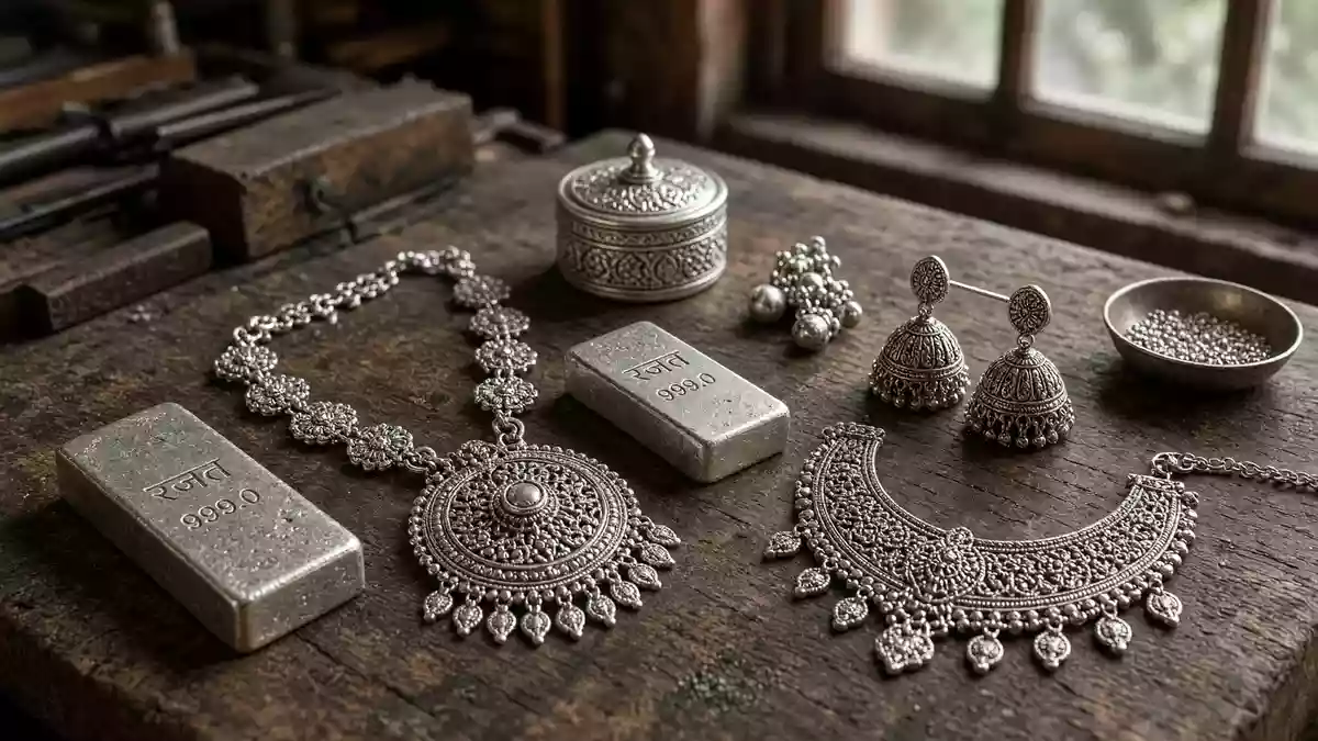 Nahaufnahme von fein gearbeitetem Silberschmuck und Silberbarren auf einer Werkbank in einer indischen Werkstatt. Illustration mit AI erstellt.