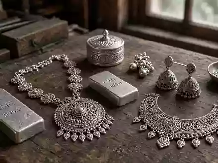 Nahaufnahme von fein gearbeitetem Silberschmuck und Silberbarren auf einer Werkbank in einer indischen Werkstatt. - Foto: über boerse-global.de
