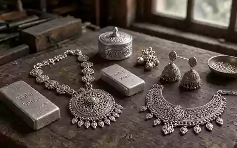Nahaufnahme von fein gearbeitetem Silberschmuck und Silberbarren auf einer Werkbank in einer indischen Werkstatt. - Foto: über boerse-global.de