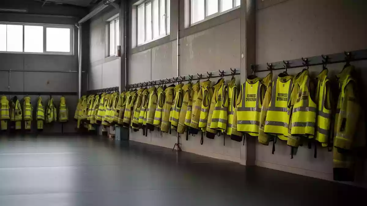 Leere Ausbildungshalle einer Feuerwehr mit ordentlich aufgehängter Schutzausrüstung und reflektierenden Sicherheitswesten. Illustration mit AI erstellt.
