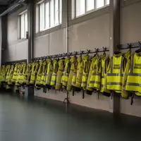 Leere Ausbildungshalle einer Feuerwehr mit ordentlich aufgehängter Schutzausrüstung und reflektierenden Sicherheitswesten. - Foto: über boerse-global.de