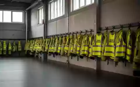 Leere Ausbildungshalle einer Feuerwehr mit ordentlich aufgehängter Schutzausrüstung und reflektierenden Sicherheitswesten. - Foto: über boerse-global.de