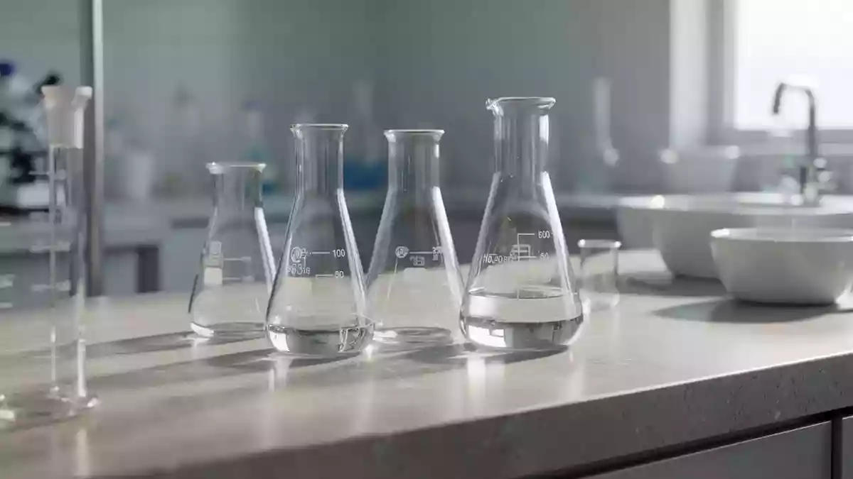 Eine sterile Laborumgebung mit Glasgefäßen auf einer hellen Steinoberfläche bei natürlichem Lichteinfall. Illustration mit AI erstellt.