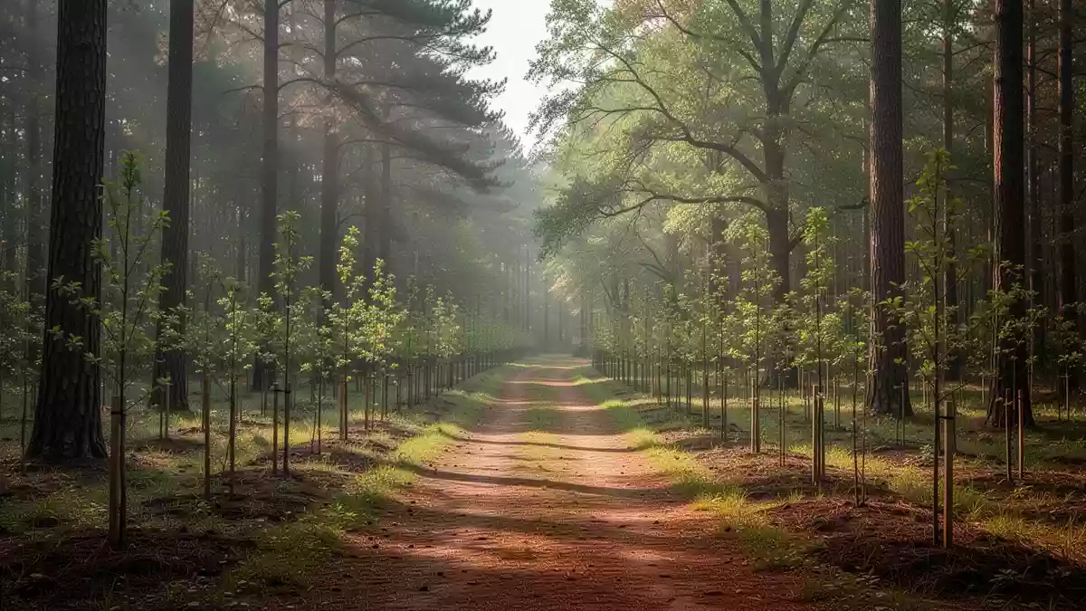 Ein friedlicher Waldweg in den frühen Morgenstunden, umgeben von jungen Setzlingen und Bäumen. Illustration mit AI erstellt.