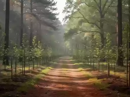 Ein friedlicher Waldweg in den frühen Morgenstunden, umgeben von jungen Setzlingen und Bäumen. - Foto: über boerse-global.de