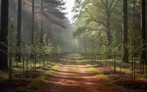 Ein friedlicher Waldweg in den frühen Morgenstunden, umgeben von jungen Setzlingen und Bäumen. - Foto: über boerse-global.de