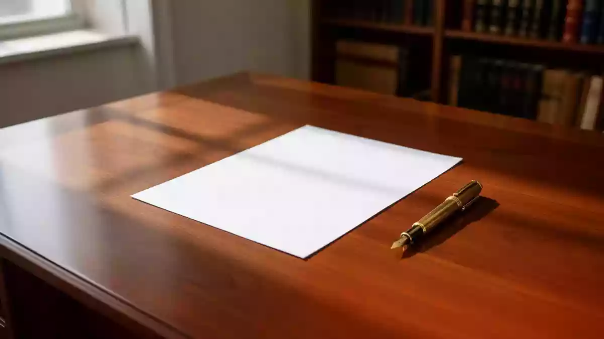 Ein leeres Blatt Papier und ein Füllfederhalter auf einem aufgeräumten Schreibtisch in einer Anwaltskanzlei. Illustration mit AI erstellt.