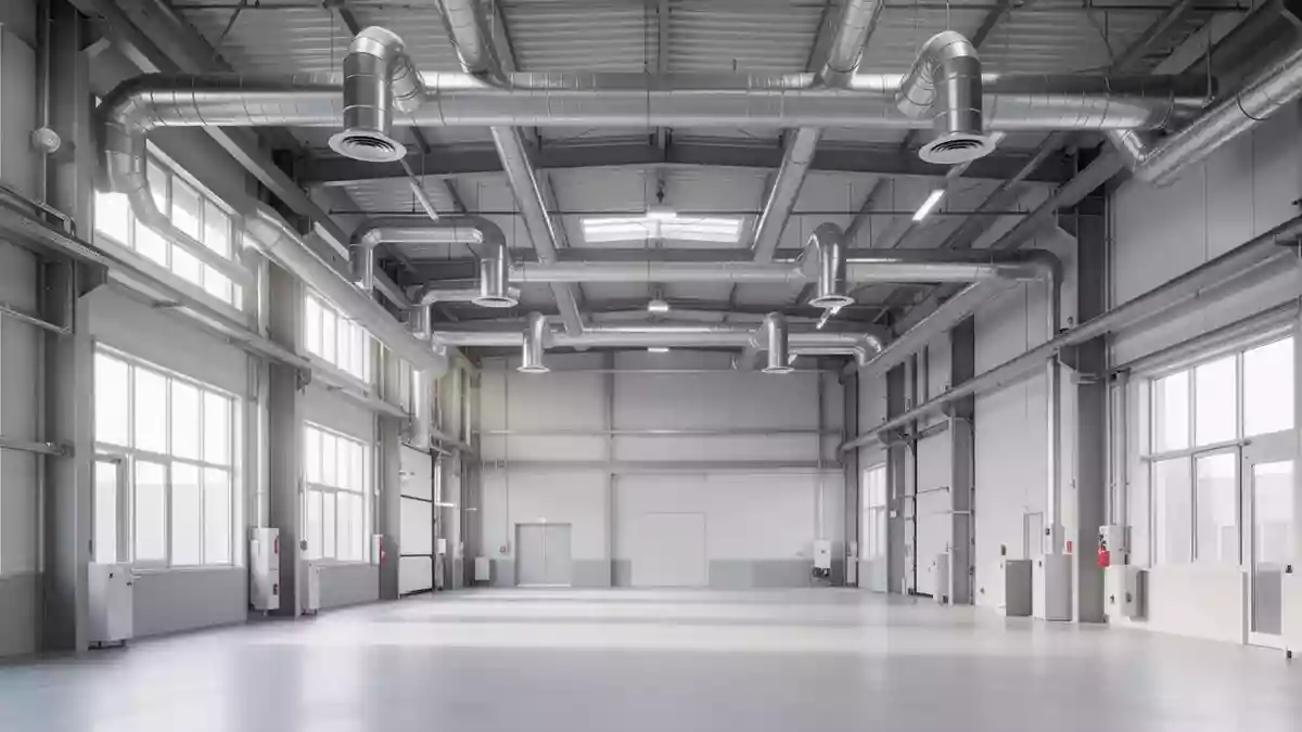 Ein moderner, leerer Industriebetrieb mit klaren architektonischen Linien und natürlichem Lichteinfall. Illustration mit AI erstellt.
