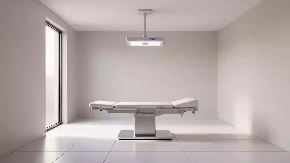 Ein heller, minimalistischer Untersuchungsraum in einer medizinischen Praxis mit einer leeren Untersuchungsliege. Illustration mit AI erstellt.