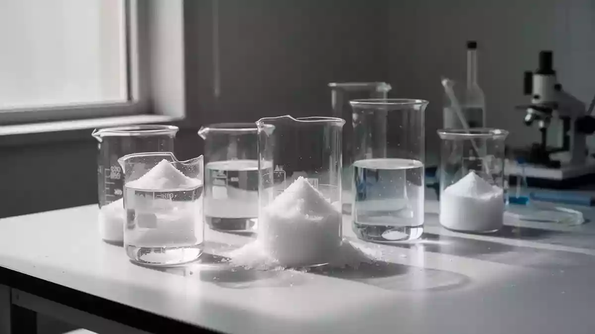 Ein minimalistisches Labor mit Glasbechern, die klare Flüssigkeiten und weißes kristallines Pulver enthalten. Illustration mit AI erstellt.