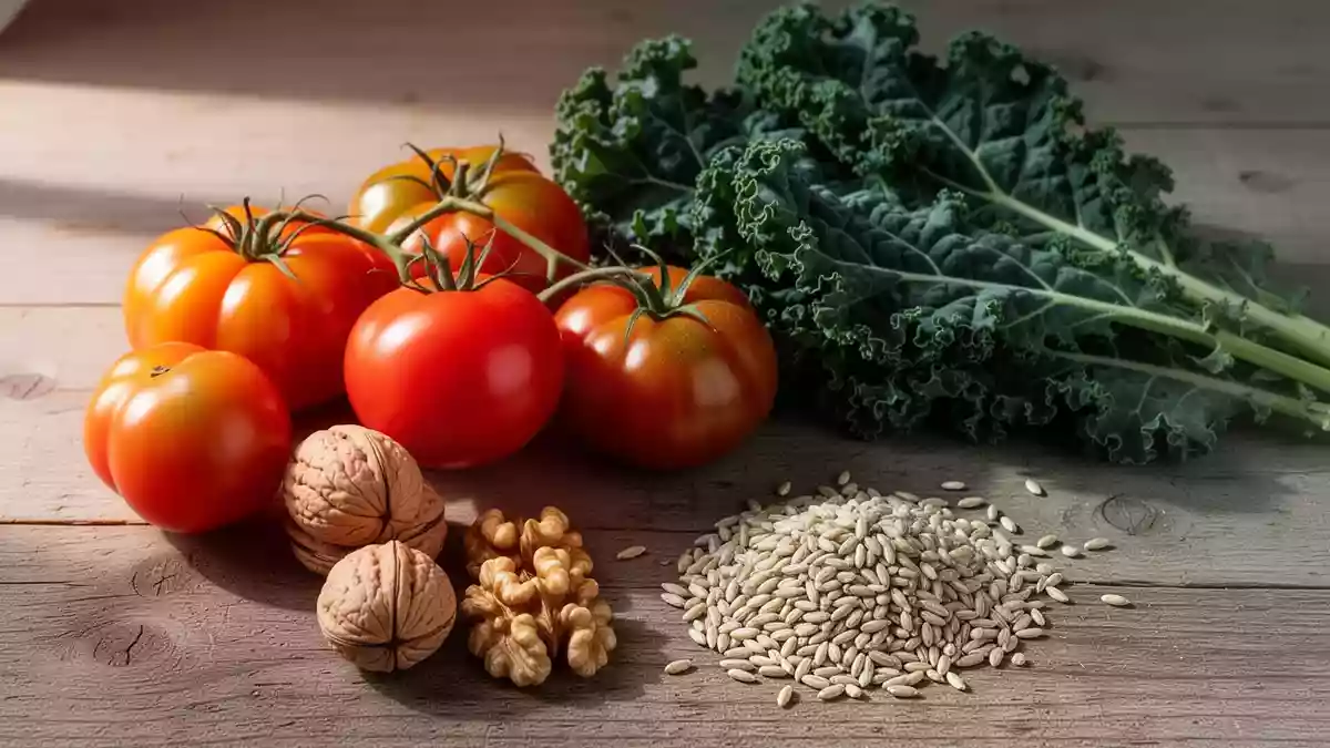 Frische mediterrane Zutaten wie Vollkorn, Nüsse und grünes Blattgemüse auf einer hölzernen Unterlage. Illustration mit AI erstellt.