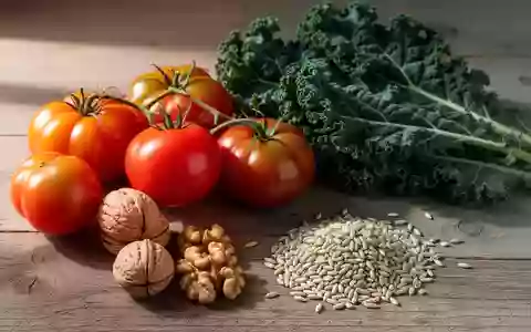 Frische mediterrane Zutaten wie Vollkorn, Nüsse und grünes Blattgemüse auf einer hölzernen Unterlage. - Foto: über boerse-global.de