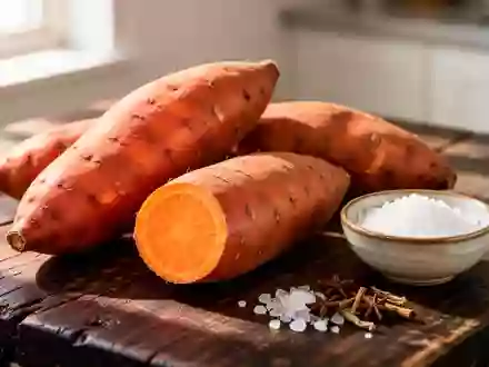 Rohe Süßkartoffeln auf einem rustikalen Holztisch in einer hellen Küche mit einer kleinen Schale Gewürzen. - Foto: über boerse-global.de