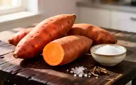 Rohe Süßkartoffeln auf einem rustikalen Holztisch in einer hellen Küche mit einer kleinen Schale Gewürzen. - Foto: über boerse-global.de
