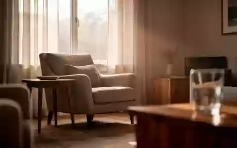Ein ruhig beleuchtetes Wohnzimmer mit einem bequemen Sessel am Fenster und einer friedlichen, leeren Atmosphäre. - Foto: über boerse-global.de