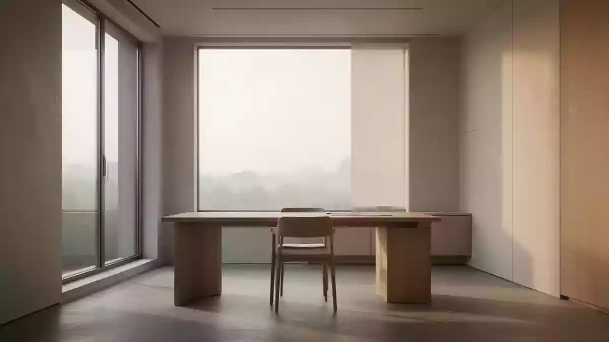 Ein minimalistischer, heller Büroarbeitsplatz mit leerem Schreibtisch und natürlichem Lichteinfall. Illustration mit AI erstellt.