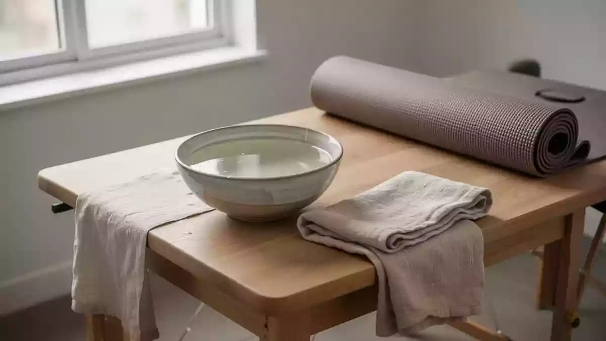 Ein minimalistischer Behandlungsraum mit einer Schale warmem Wasser und einem Handtuch auf einem Holztisch. Illustration mit AI erstellt.