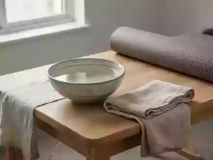 Ein minimalistischer Behandlungsraum mit einer Schale warmem Wasser und einem Handtuch auf einem Holztisch. - Foto: über boerse-global.de