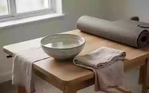 Ein minimalistischer Behandlungsraum mit einer Schale warmem Wasser und einem Handtuch auf einem Holztisch. - Foto: über boerse-global.de