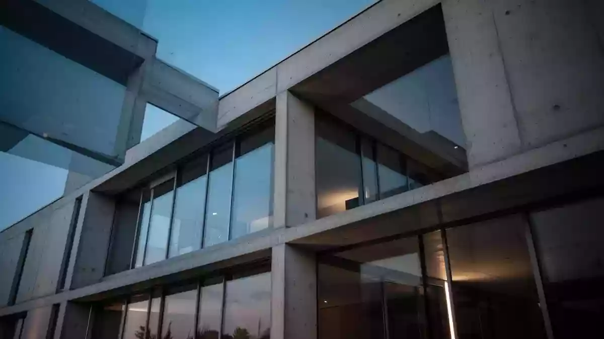 Moderne, minimalistische Architektur eines Gebäudes bei Dämmerung mit Fokus auf geometrischen Linien und Fassadenstruktur. Illustration mit AI erstellt.
