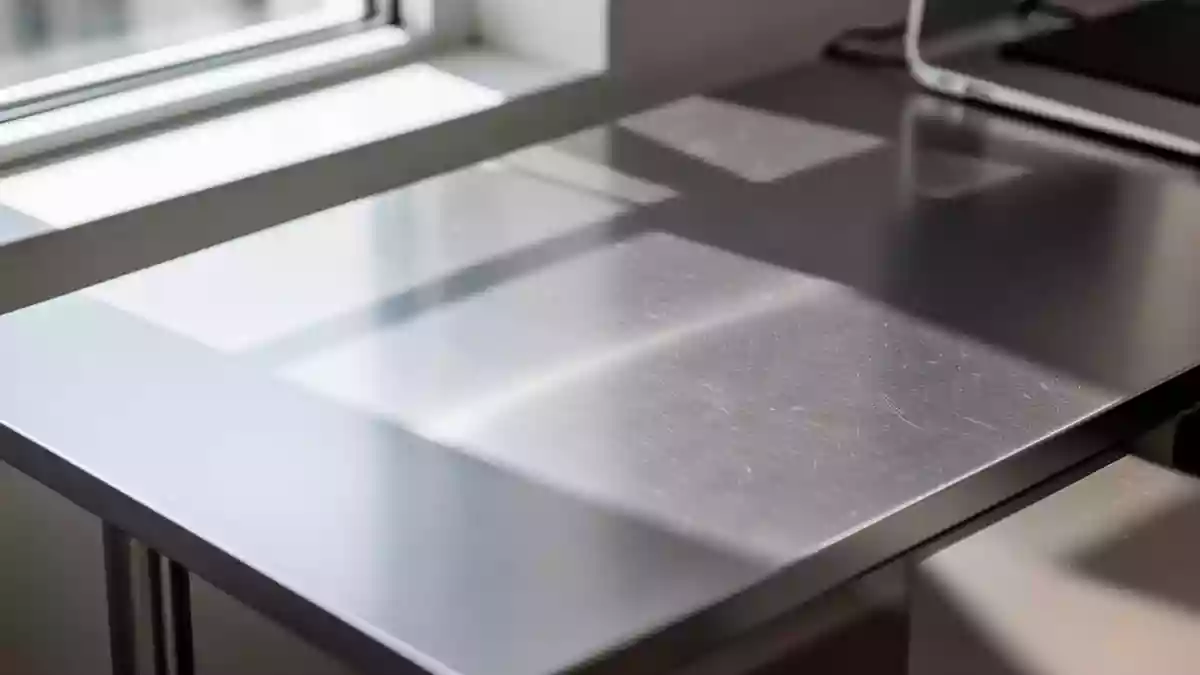 Ein minimalistischer Arbeitsplatz mit einer gebürsteten Aluminiumoberfläche bei natürlichem Lichteinfall. Illustration mit AI erstellt.