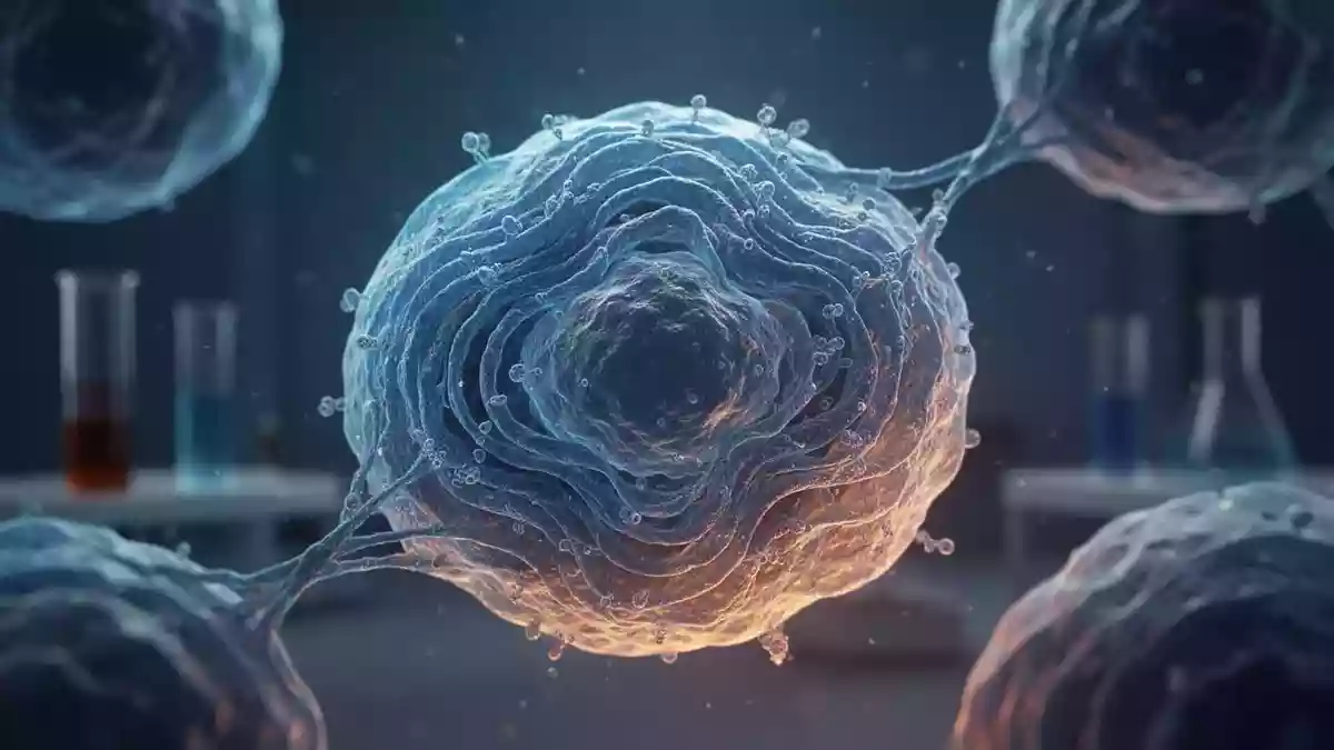Mikroskopische Aufnahme einer zellulären Struktur, die das trans-Golgi-Netzwerk in einem Laborumfeld darstellt. Illustration mit AI erstellt.